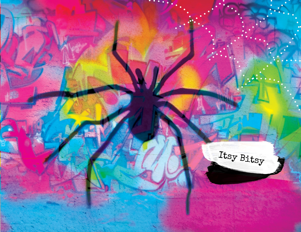Book spread titled Itsy Bitsy showing a spider silhouette on a neon graffiti wall.